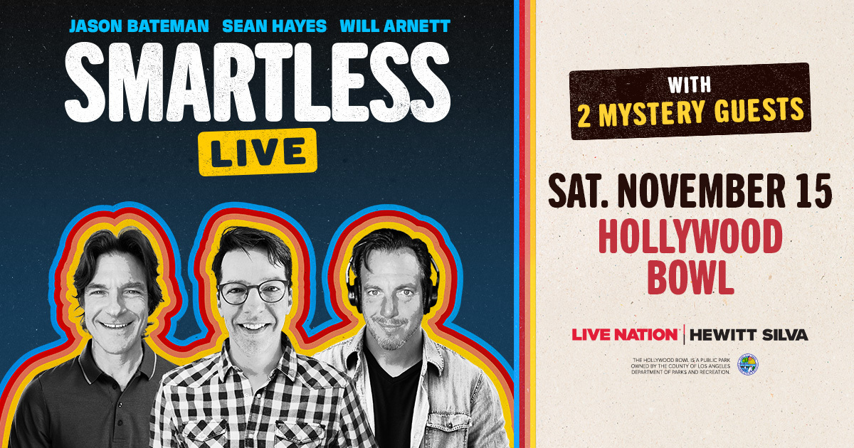 HollywoodBowl's tweet image. One night only: Bateman will overthink, @SeanHayes will overshare, @arnettwill may derail everything. Two special mystery guests to be revealed. @SmartLess Live at the Hollywood Bowl: Saturday, November 15. Big laughs, mystery guests* (*we’ll find out together!) Tickets on sale…