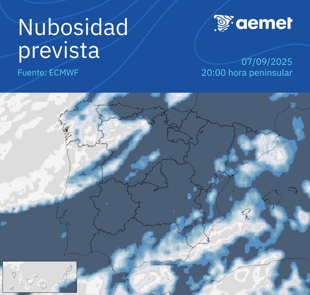AEMET_Esp's tweet photo. 🌘 El próximo domingo 7 se producirá un eclipse de luna entre las 18:27 y 21:56 hora peninsular. 

☁️ El máximo del eclipse será en torno a las 20:11. Parece que las nubes dificultarán una visualización óptima en la mayor parte del país. https://t.co/vzr85JMoq7