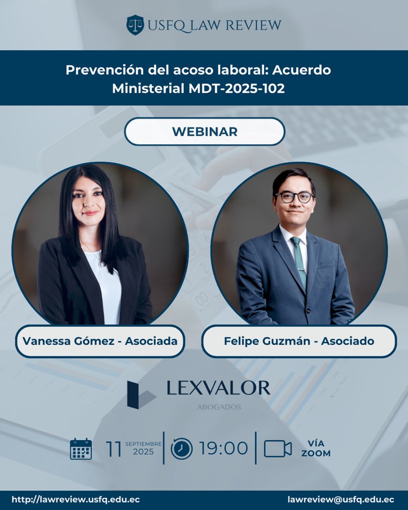 Prevención del acoso laboral: Acuerdo Ministerial MDT-2025-102

¡Nos complace invitarlos a nuestro próximo webinar!

📆 Jueves, 11 de septiembre de 2025

⏰ 19H00

📹 Vía ZOOM

¡Los esperamos!