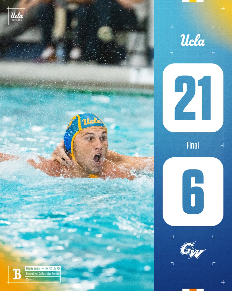 FINAL | No. 1 UCLA (5-0) def. George Washington (2-6), 21-6.
*⃣ Ryder Dodd led all scorers with 6⃣ PTS (4⃣ GLS, 2⃣ ASTS).
*⃣ A total of 1⃣2⃣ different Bruins scored.
*⃣ Vinnie Merk (tied career high) and Eli Liechty (first of the year) both had 🧢 tricks.
#GoBruins 🐻🤽‍♂️