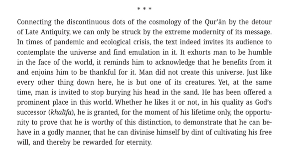 This is a thought-provoking conclusion on the contemporary relevance of the Qur'an’s cosmological thought in Julien Decharneux’s "Creation and Contemplation: The Cosmology of the Qur'ān and Its Late Antique Background"