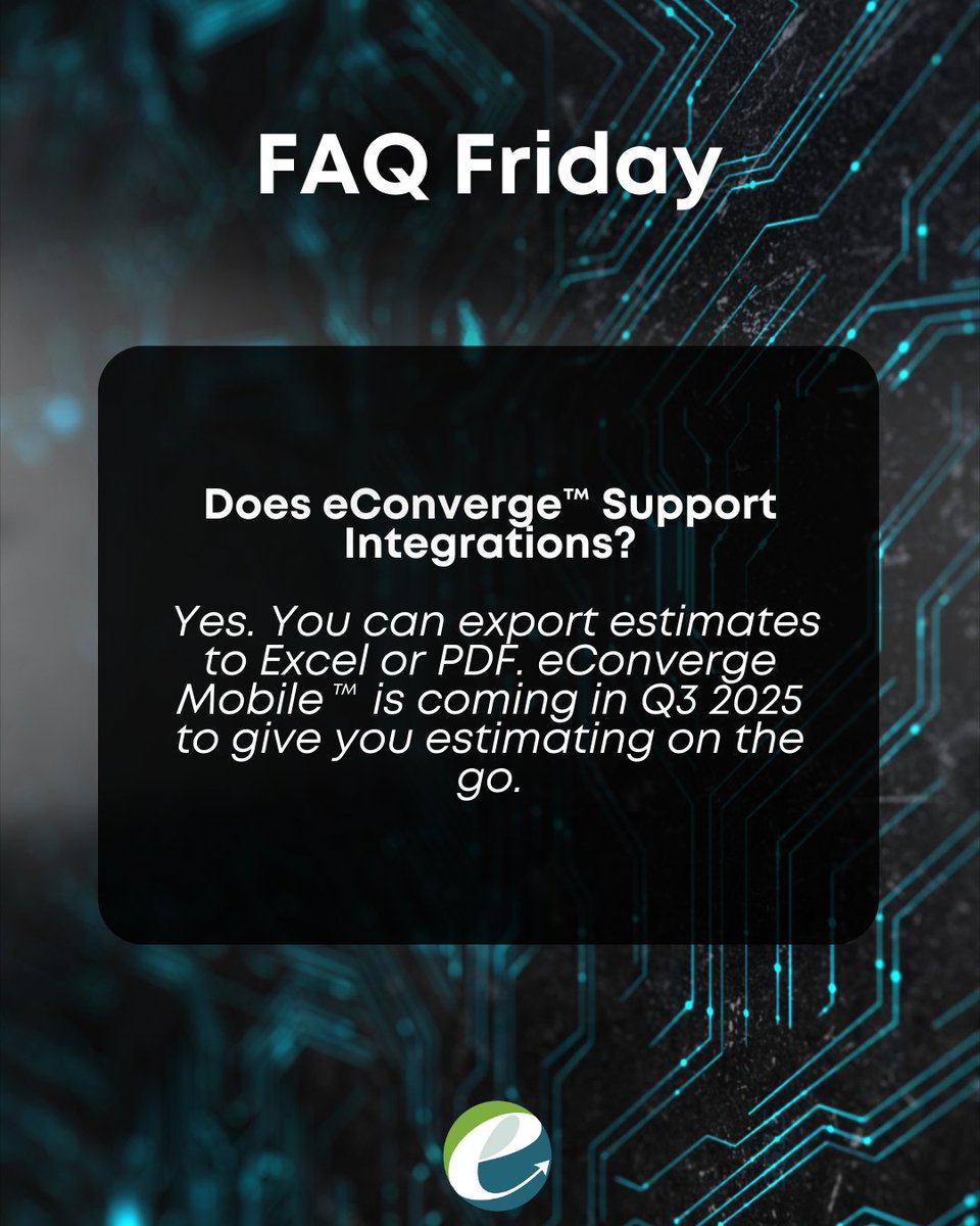 eConverge_'s tweet image. Yes, eConverge™ plays well with others.

Export estimates to Excel or PDF, and stay tuned for eConverge Mobile™ coming in Q3 2025 for estimating on the go.

#FAQFriday #Integrations #EstimatingSoftware #eConverge