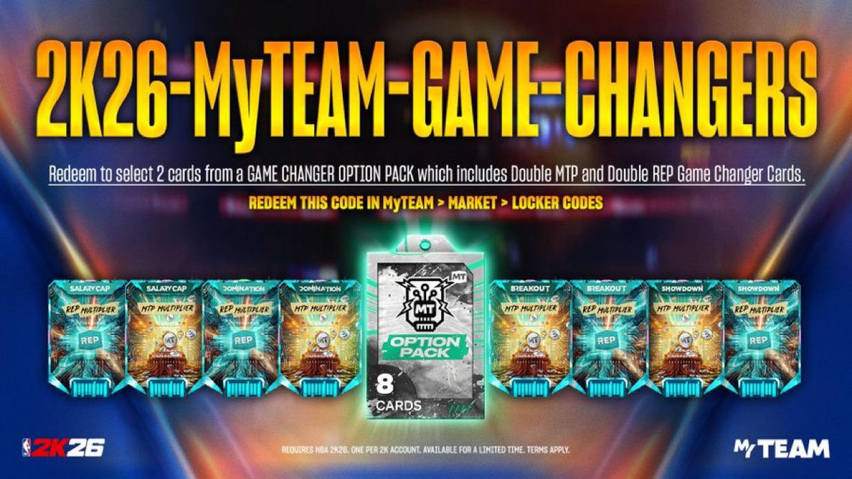 RonniesCode's tweet image. Happy #2KDay Everyone 🤗

🚨Locker Code! 

2K26-MYTEAM-GAME-CHANGERS

Reward is a Game Changer Option Pack

#NBA2K26 #LockerCodes