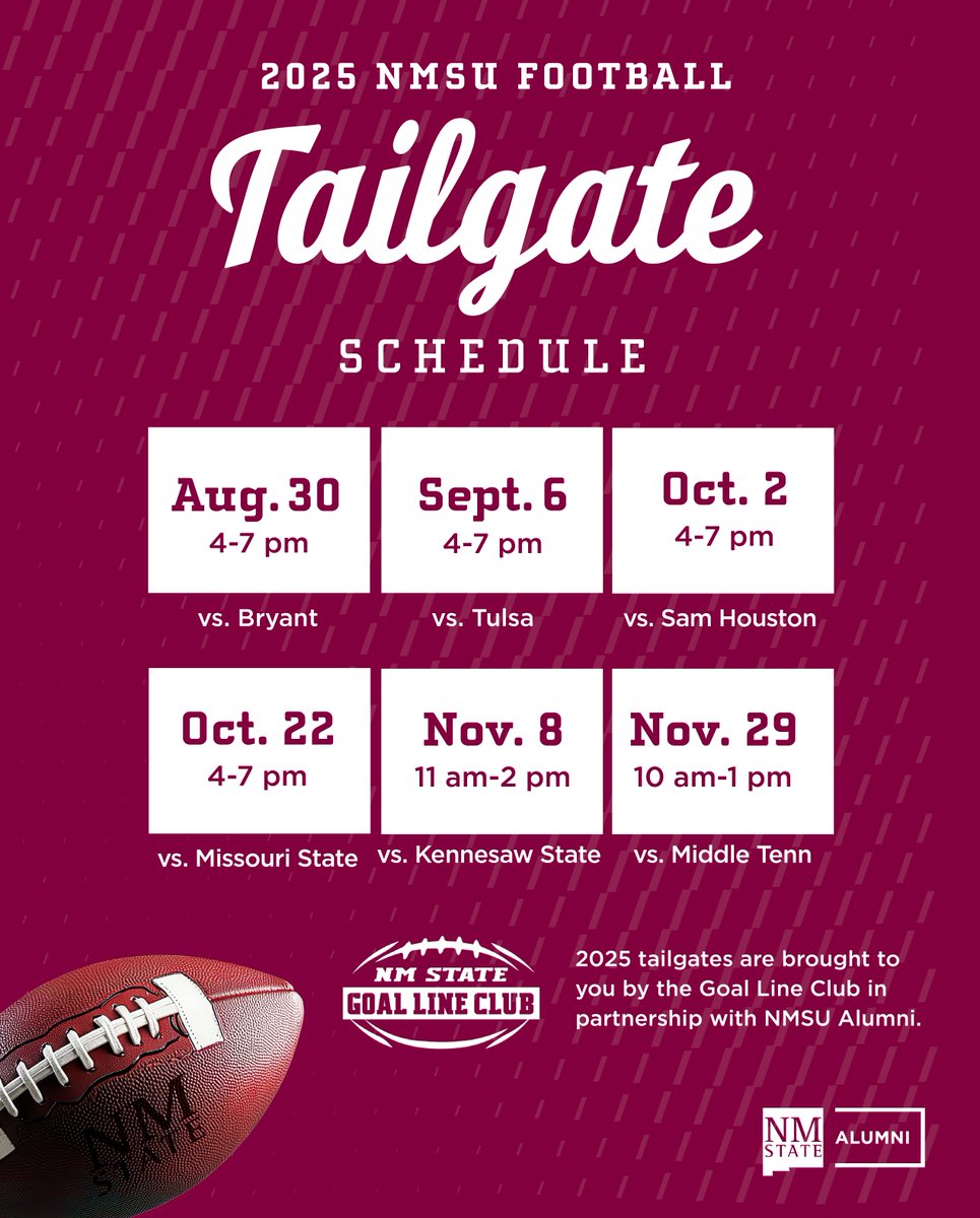 NMSUAlumFriends's tweet photo. 🏈 When Aggie Nation comes out to play, we’re UNBEATABLE! 💪 

We’re up against the Tulsa Golden Hurricanes for the Hispanic Heritage Game on Saturday, September 6! 📣  The Hurricanes are storming at us from the Sooner State — but we think our Aggies are going douse their expectations of a win! 

Come on out and cheer on our Aggie footballers! 

👉 All you have to bring is your Aggie spirit and we'll take care of the food and drink— join us in the (bigger!) tailgate tent as a member of the Goal Line Club! @NMSUGLC 

🗓️ September 6, 2025
🕗 Tailgate from 4-7pm | Game at 7pm
📍 Aggie Memorial Stadium
🎟️ https://t.co/gfp499lIIx
 
#AlwaysAnAggie #gameday #nmsu #tailgate