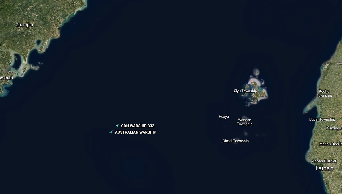 BREAKING: Canadian frigate HMCS Ville de Québec (FFH 332) and Australian destroyer HMAS Brisbane (DDG 41) are conducting a northbound Taiwan Strait transit. 

<a href="/MarineTraffic/">MarineTraffic</a> live AIS data (MMSI: 316127000 and MMSI: 503000122) shows the vessels currently underway in the Strait.