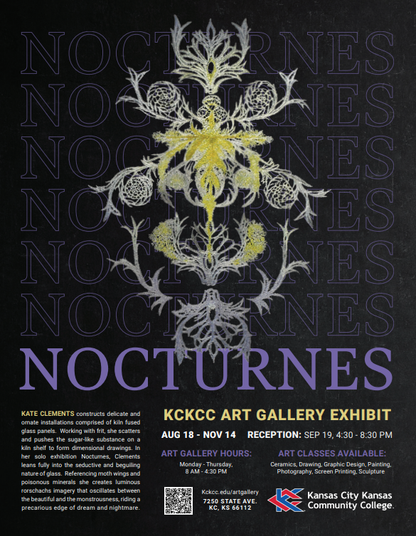 KCKCC Art Gallery presents, Nocturnes by artist Kate Clements. 

In Nocturnes, Kate Clements beckons viewers into the depths of darkness to uncover the creatures that dwell there. 

Aug. 18th-Nov 14th
Reception: Sept. 19th from 4:30-8:30pm