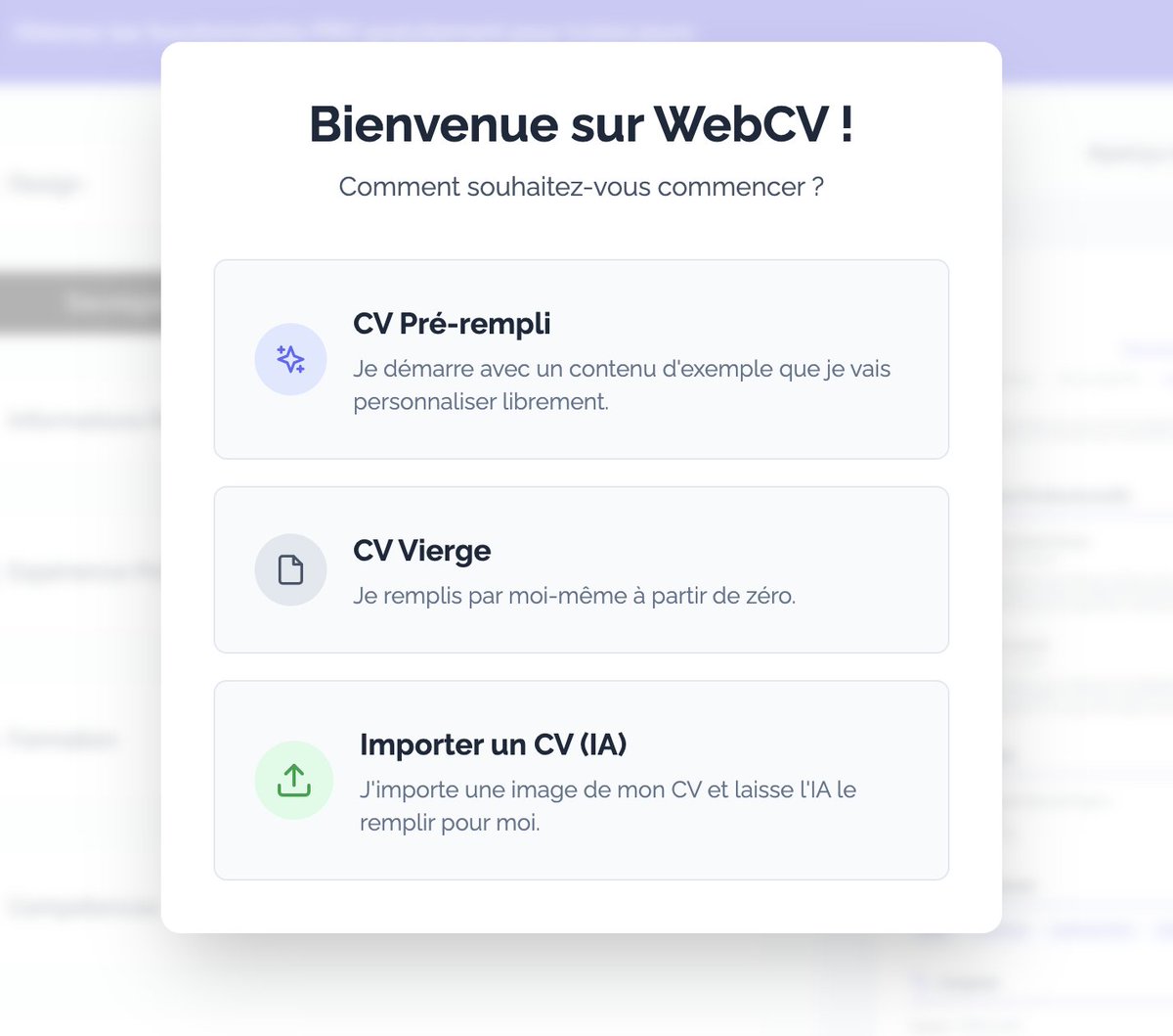 En vrai 🤠, VOUS n'êtes pas obligé de démarrer avec une page blanche. 
Avec ou sans expérience, vous pouvez démarrer avec un modèle pré-rempli avec du contenu fictif ou importer des images du vieux CV d'il y a 4 ans et l'IA vous fait gagner un temps fou.
webcv.app