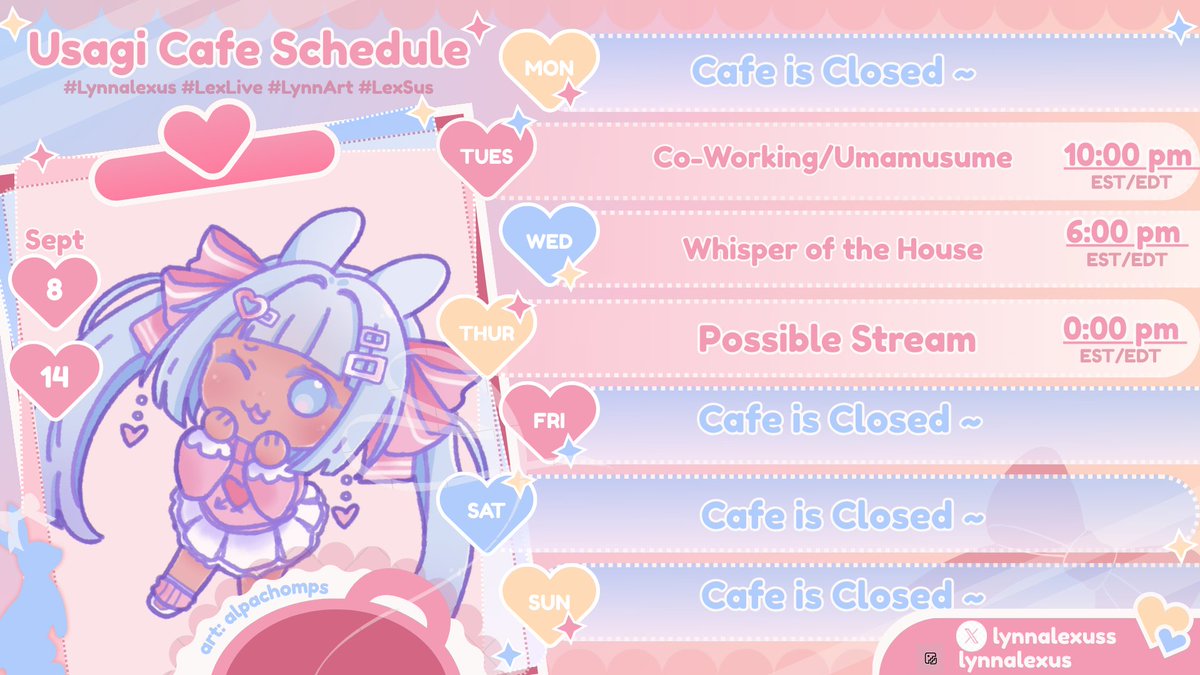 lynnalexuss's tweet photo. finally a new schedule! Not a lot this week cause I'm busy but been wanting to play Whisper of the House recently!
art: #LynnaArt
live: #LexusLive
memes: #LexSus
general: #Lynnalexus
#Vtuber #ENVtuber https://t.co/JrOfWdDNS1