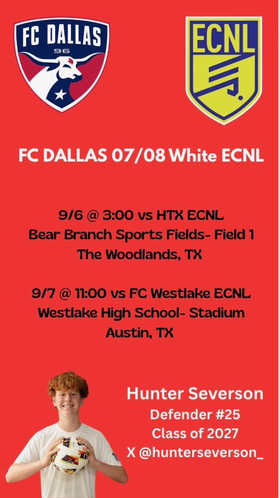 Hunter Severson (@hunterseverson_) on Twitter photo So excited for our first 2 games this weekend. Come watch us play! <a href="/FCDECNLU19B/">FCDallasWhiteECNLU19Boys</a>
<a href="/grtorres/">Guilherme Torres</a> <a href="/JREskilson/">J.R. Eskilson</a> <a href="/TheSoccerWire/">SoccerWire</a> <a href="/ImCollegeSoccer/">College Soccer Truth ™</a> <a href="/PrepSoccer/">Prep Soccer ⚽️</a> <a href="/PrepSoccerTX/">Prep Soccer Texas</a> <a href="/CollegeSoccerID/">College Soccer ID</a> <a href="/TopDrawerSoccer/">TopDrawerSoccer</a> So excited for our first 2 games this weekend. Come watch us play! <a href="/FCDECNLU19B/">FCDallasWhiteECNLU19Boys</a>
<a href="/grtorres/">Guilherme Torres</a> <a href="/JREskilson/">J.R. Eskilson</a> <a href="/TheSoccerWire/">SoccerWire</a> <a href="/ImCollegeSoccer/">College Soccer Truth ™</a> <a href="/PrepSoccer/">Prep Soccer ⚽️</a> <a href="/PrepSoccerTX/">Prep Soccer Texas</a> <a href="/CollegeSoccerID/">College Soccer ID</a> <a href="/TopDrawerSoccer/">TopDrawerSoccer</a>