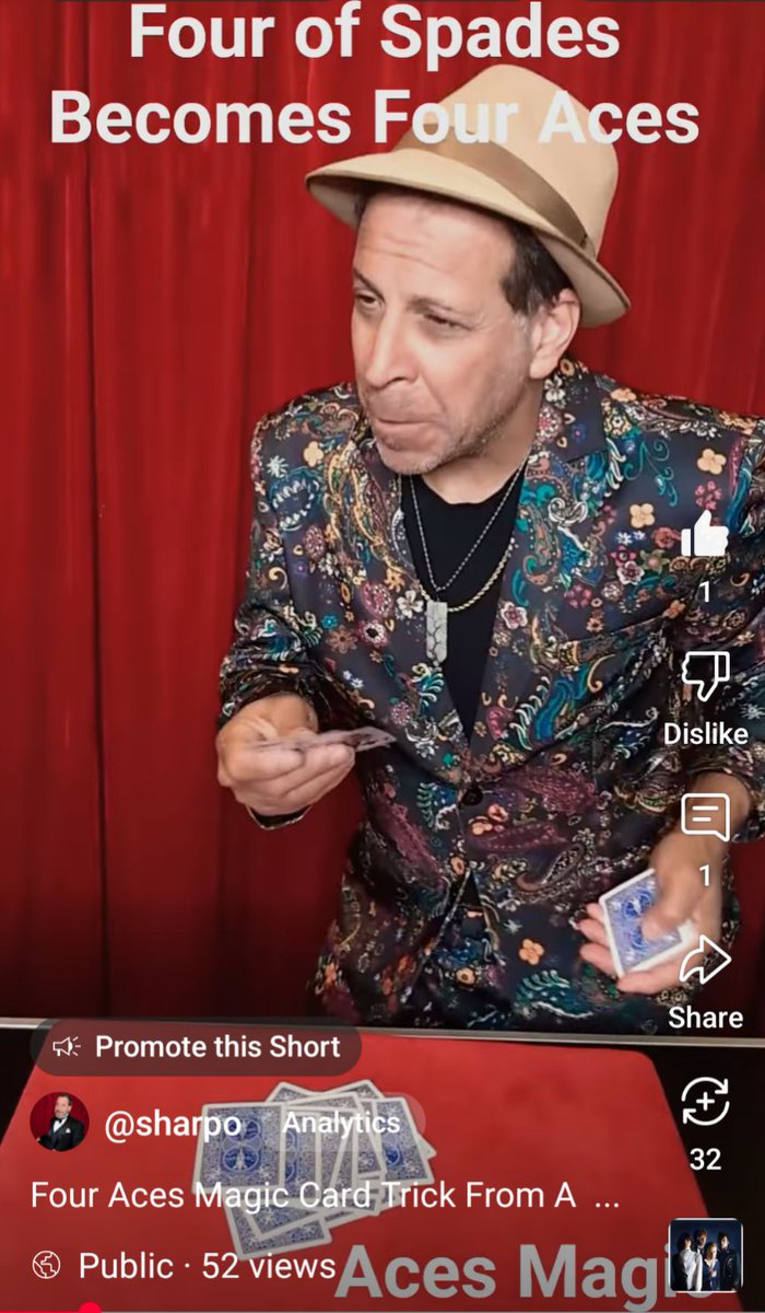 Sharpo's tweet image. youtube.com/shorts/qRbSvn3…    The Oxnard Split, Bill Goodwin style.  Four of spaces becomes two black twos.  Black two becomes red two.  Each two then splits into the four aces.  #sharpo #magic #cardtricks #oxnardsplit #cardmagic