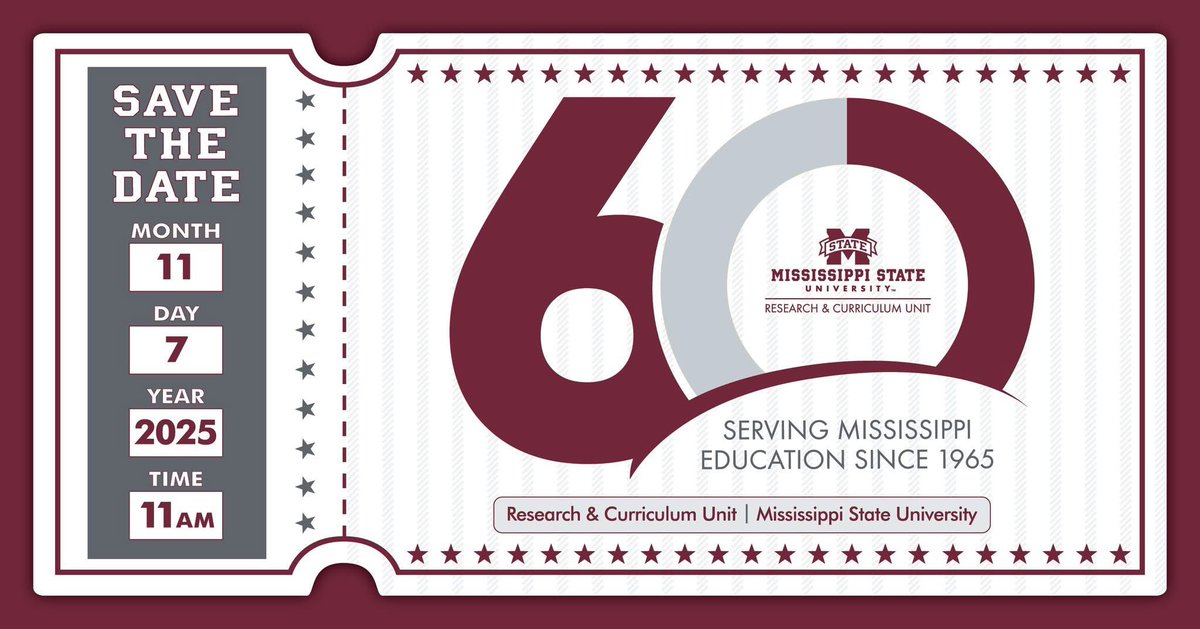 .@Msstate’s Research &amp; Curriculum Unit is celebrating 𝟔𝟎 𝐲𝐞𝐚𝐫𝐬 𝐨𝐟 𝐬𝐞𝐫𝐯𝐢𝐧𝐠 𝐌𝐢𝐬𝐬𝐢𝐬𝐬𝐢𝐩𝐩𝐢 𝐢𝐧 𝐞𝐝𝐮𝐜𝐚𝐭𝐢𝐨𝐧 𝐚𝐧𝐝 𝐫𝐞𝐬𝐞𝐚𝐫𝐜𝐡.  
Save the date and join us 𝐍𝐨𝐯. 𝟕, 𝐚𝐭 𝟏𝟏 𝐚.𝐦. as we honor the past &amp; look forward to the future. #RCU60