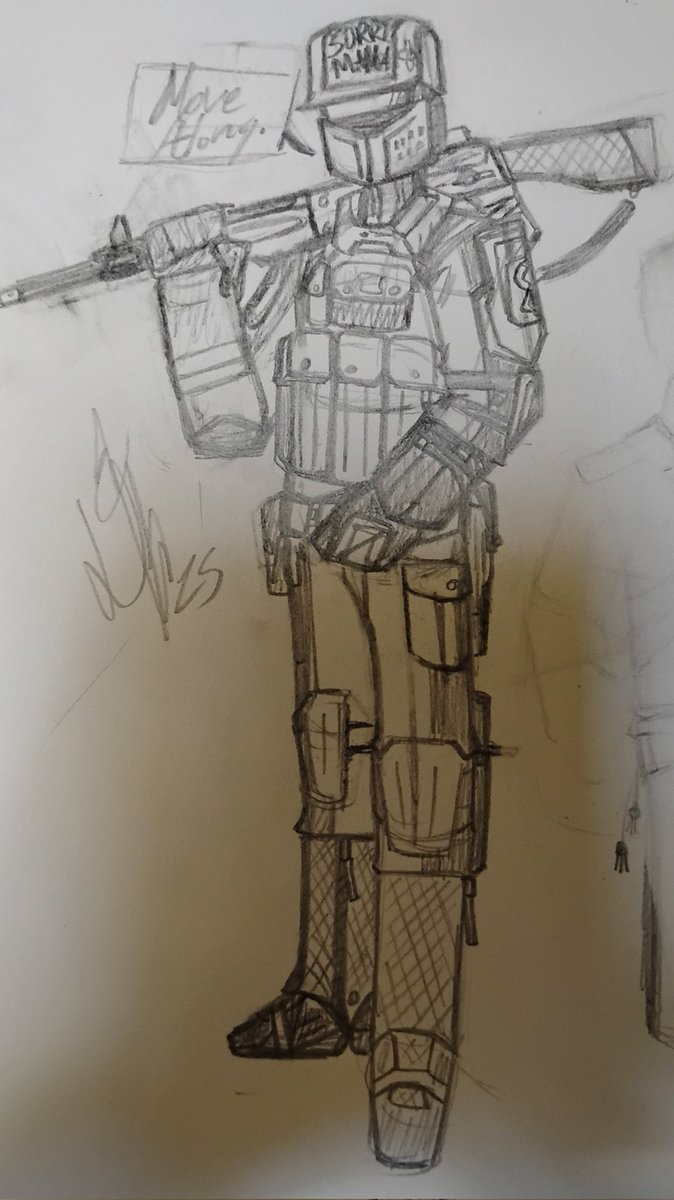 A Weserothian soldier with a rifle (without magazine) held over their shoulder.

Weserothian helmets have a touch screen on their foreheads meant to be for designations, organization or medical info. However instead they are typically just used by troops for writing graffiti.