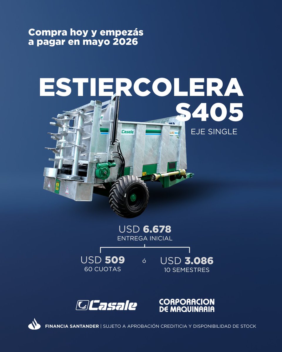 Bienvenido #CASALE a los sistemas de trabajo de Corporación de Maquinaria.
Financiación especial 👉 comprás hoy y pagás en mayo 2026.
📍 Conocelo en la <a href="/ExpoPrado/">Rural del Prado</a> 

#Casale #CorporacionDeMaquinaria