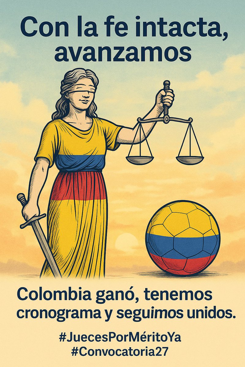 ✨ Con la fe intacta, avanzamos ✨
Colombia ganó en la cancha 🇨🇴⚽ y en la justicia también tenemos buenas noticias: cronograma definido.
Después de 7 años de espera, seguimos unidos exigiendo meritocracia.
⚖️ #JuecesPorMéritoYa
#Convocatoria27 #ConLaFeIntacta