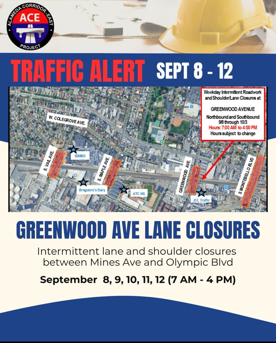 🚧 Greenwood Ave Construction - Montebello 🚧

Please be advised of intermittent lane and shoulder closures in Montebello on Greenwood Ave between Mines Ave and Olympic Blvd next week:

🗓 Monday through Friday
🕖 7:00 AM to 4:00 PM

Thank you for your patience and cooperation!