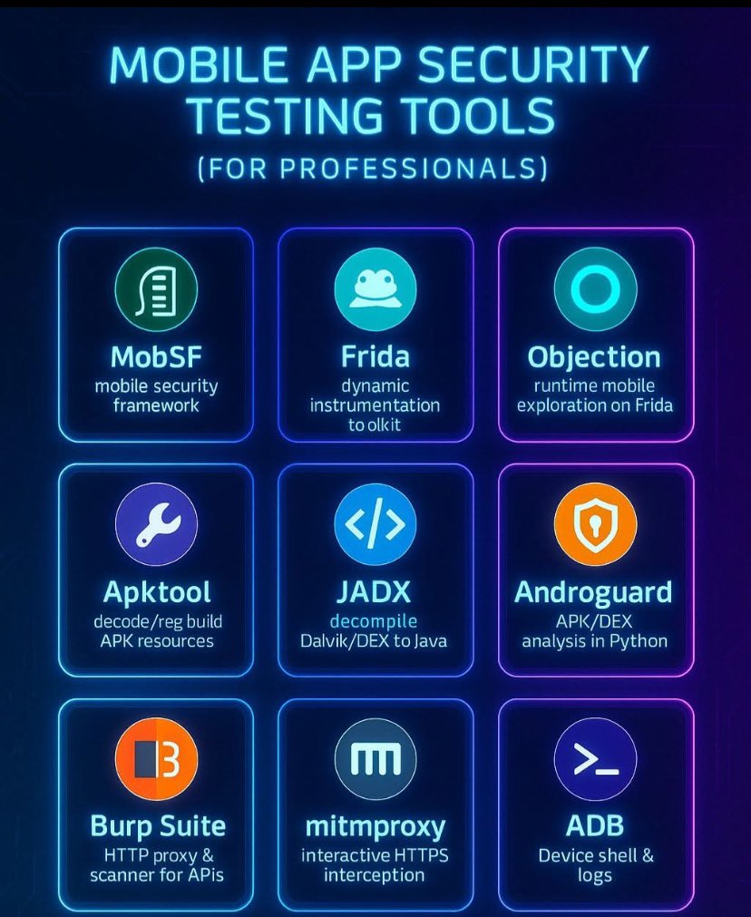 AnonOzzyDude's tweet image. MOBILE APP SECURITY TESTING TOOLS 🛠️📱 (for professionals)

From static analysis to runtime hooking, here’s a concise toolkit for serious mobile app assessments:

 — authorized testing only. 🔒
#MobileSecurity #AndroidSecurity #Pentesting #AppSec #APKTool #CyberSec #Pentest