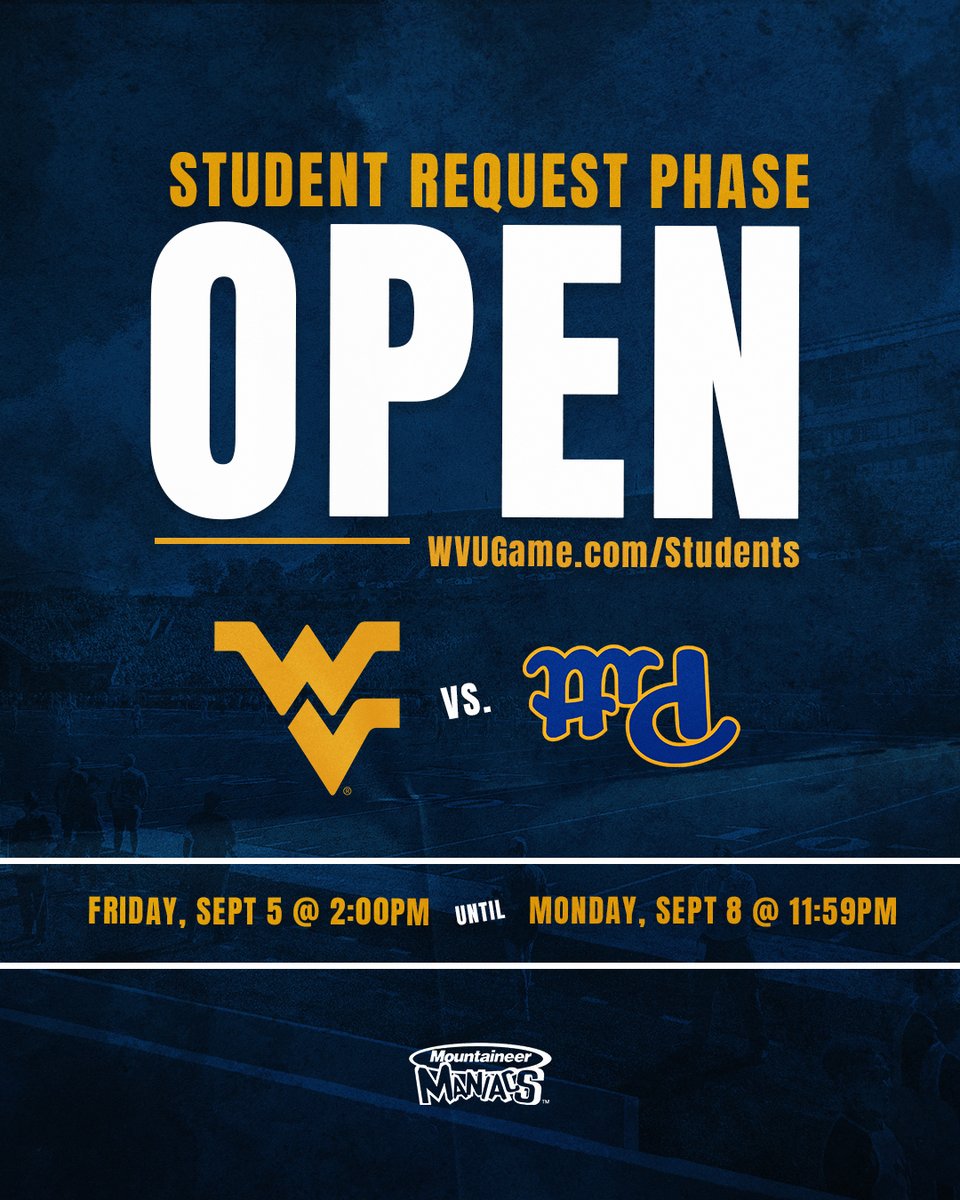 Mountaineer Maniacs (@wvumaniacs) on Twitter photo 🚨 REQUEST PHASE OPEN 🚨
It’s time to request your tickets for the BACKYARD BRAWL!🎟️
All students must request a ticket in order to attend.
‼️Ultimate members are recognized by the system; there are no extra steps‼️
👉 WVUGame.com/Students
Be sure to get your request in by 🚨 REQUEST PHASE OPEN 🚨
It’s time to request your tickets for the BACKYARD BRAWL!🎟️
All students must request a ticket in order to attend.
‼️Ultimate members are recognized by the system; there are no extra steps‼️
👉 WVUGame.com/Students
Be sure to get your request in by