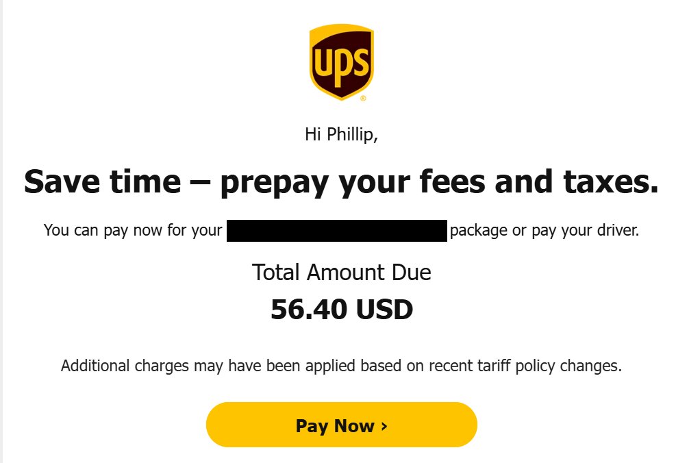 PhilWMagness's tweet image. I just got my first de minimis bill for one of those tariffs that only foreign countries have to pay, according to Trump, Vance, Bessent, Lutnick, Greer, and Miran.