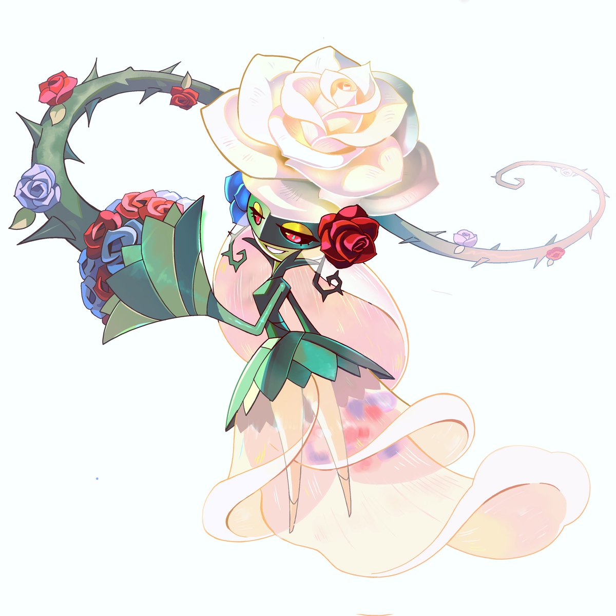 Jellymonsart's tweet photo. Mega Roserade, The Bride! 
the groom is poisoned (for no reason) but she still needed to pose for photos. 
#PokemonLegendsZA https://t.co/jDODUHvmN4