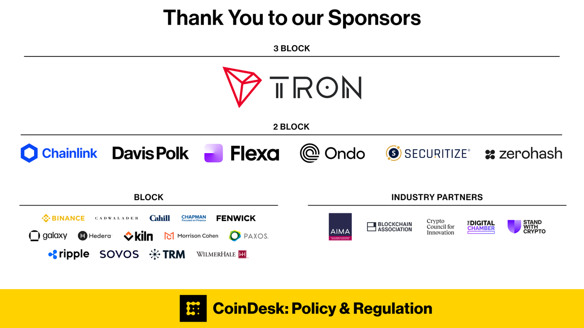 CoinDesk's tweet photo. 🎉 A massive shout-out to the powerhouses making CoinDesk: Policy &amp; Regulation a reality 

Without their incredible support, this premier event wouldn't be possible. 

Check out our full list of sponsors: https://t.co/KnehBrKt1I https://t.co/12ccIN0wa6