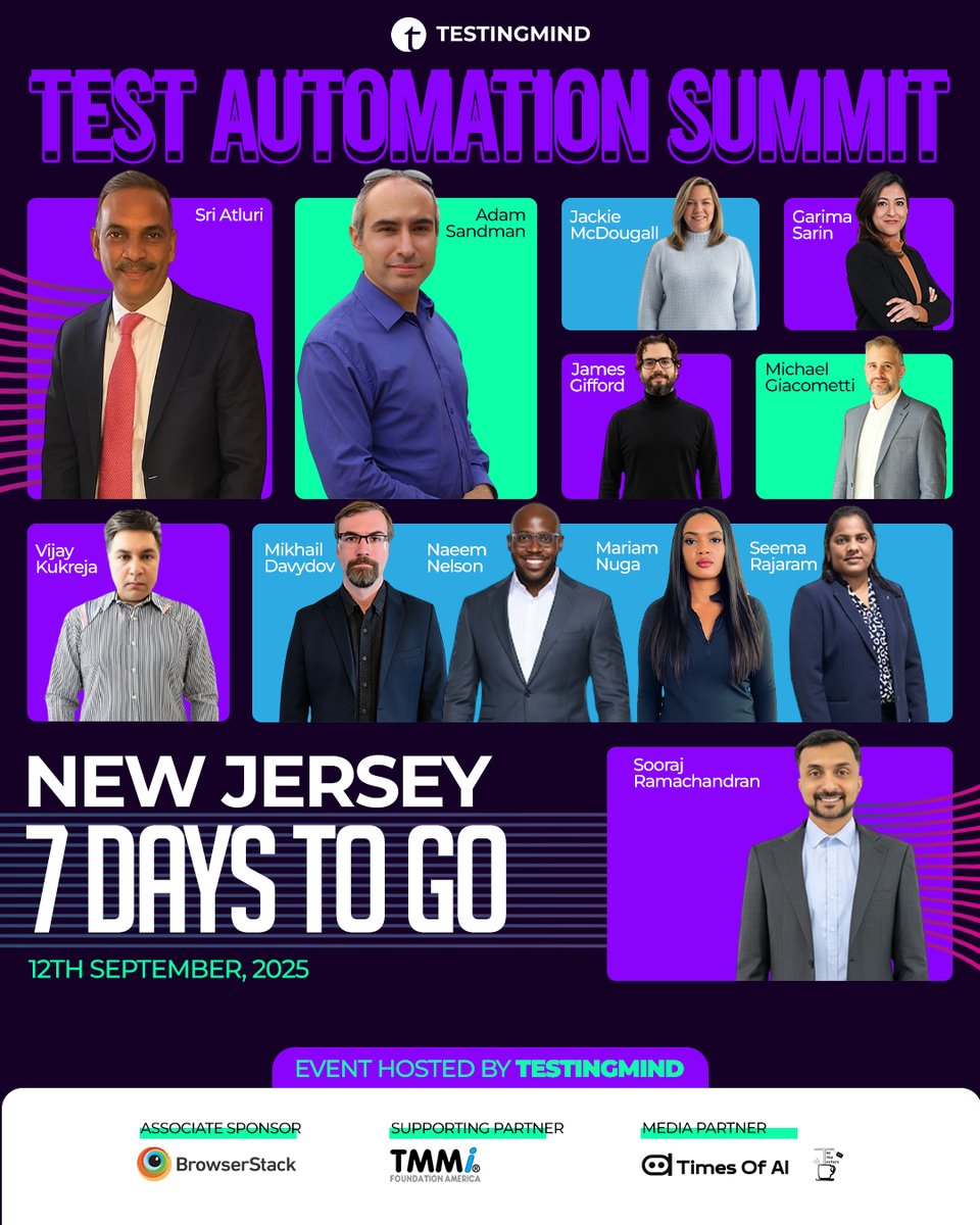 testingmindcon's tweet image. ⚡ Just 7 Days to Go!
On Sept 12, 2025, New Jersey becomes the hub of AI, QA &amp;amp; Test Automation Innovation at #TestAutomationSummit 🚀

🎯 What’s in store?
✅ 10+ Talks | Inspiring Keynotes | Expert Panel 

🎟️ Register now 👉 linkedin.com/smart-links/AQ…

#Testingmind #QATesting