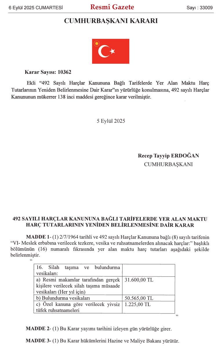 Silah ruhsat harçlarına yeni zam geldi.

Bu saatten sonra kimse ruhsatsız silah sorunundan şikayet etmesin.

Anlaşılan yasa dışı silah sorununa bizim gösterdiğimiz hassasiyeti idareciler göstermiyor.

Yerli silah sanayine gitmesi gereken milyarlarca dolar göz göre göre silah