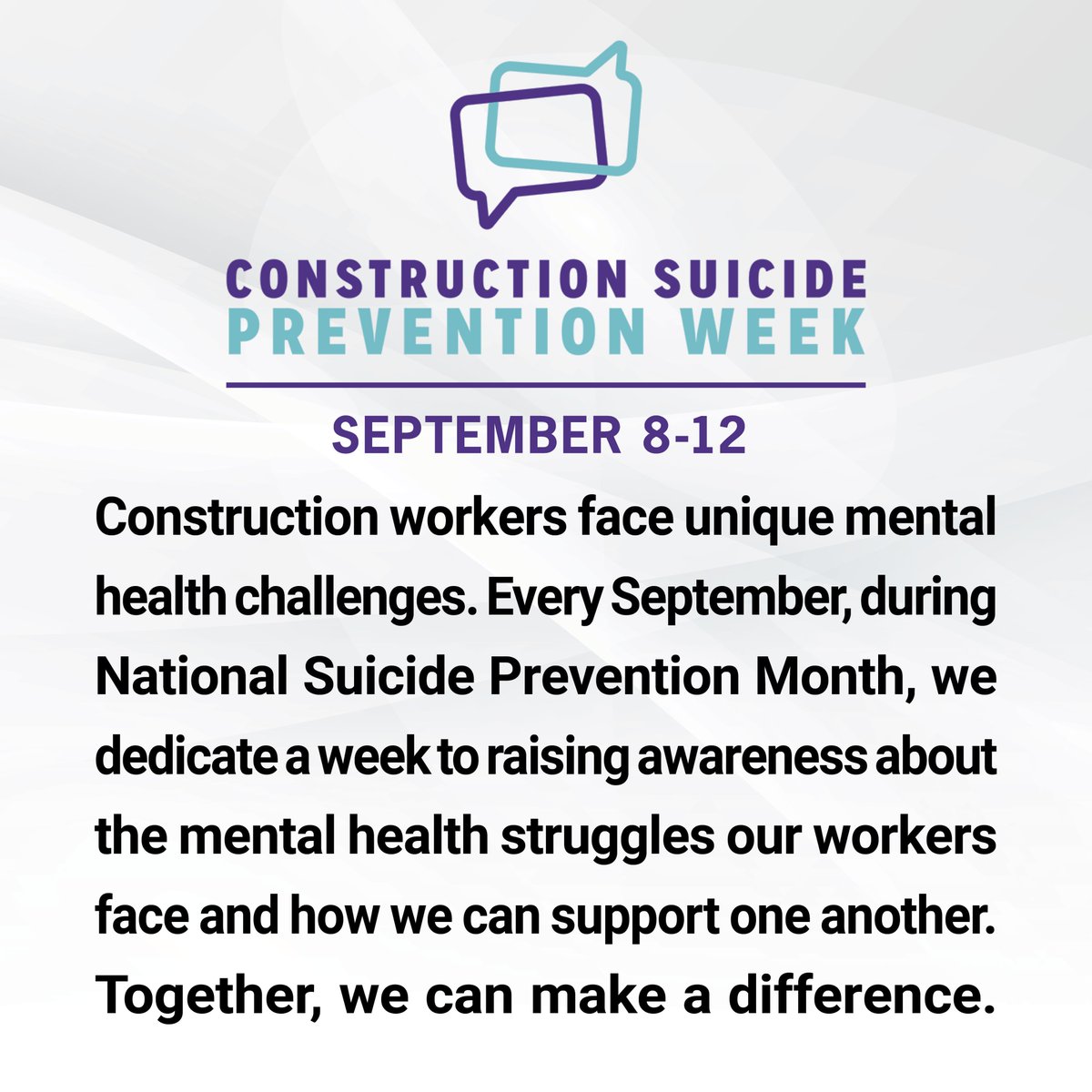 azconstruct's tweet image. Construction Suicide Prevention Week #CSPW highlights how employment can foster the community connections that help protect lives. We challenge everyone to build community by reaching out, asking how others are doing &amp;amp; truly listening—showing you care can make all the difference.