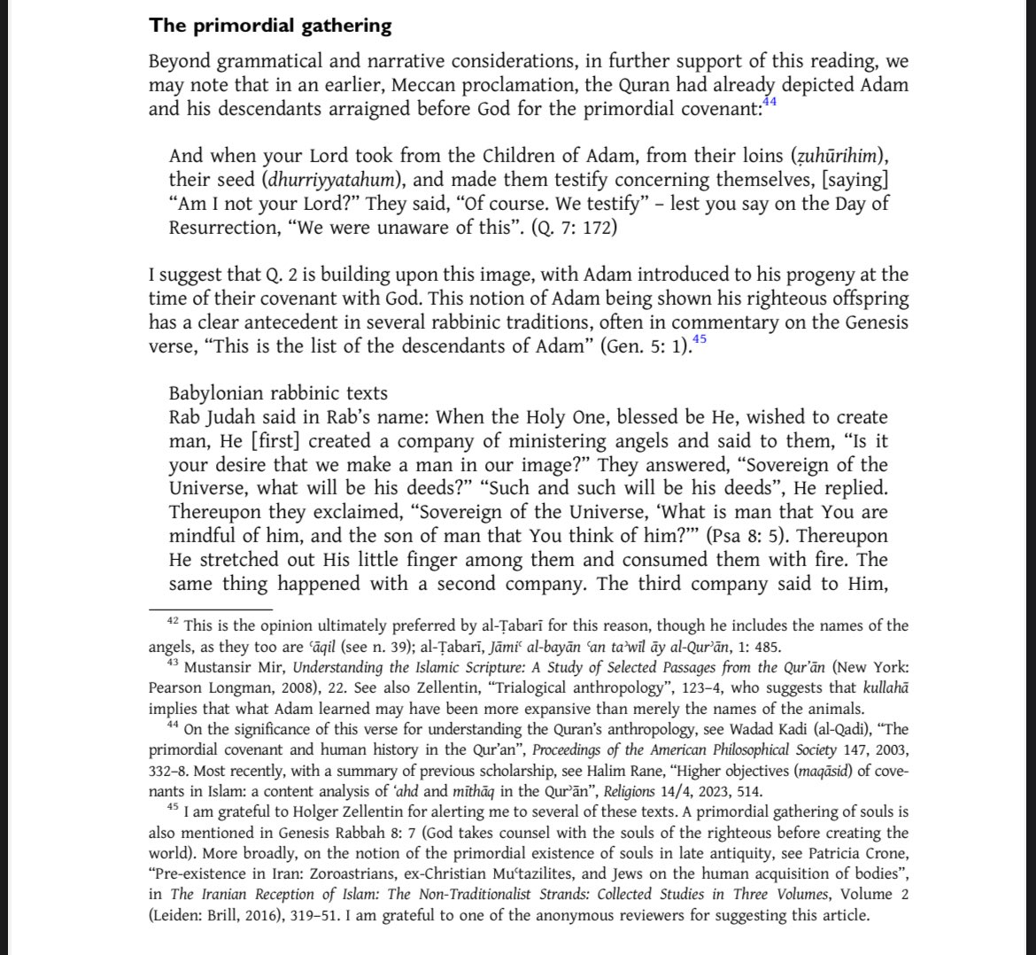 🧵According to Saqib Hussain, the Quran presents a striking image of a primordial gathering: Adam, created by God, is shown his progeny before their earthly existence. This motif resonates with late antique rabbinic traditions and warrants deeper exploration. (1/10)