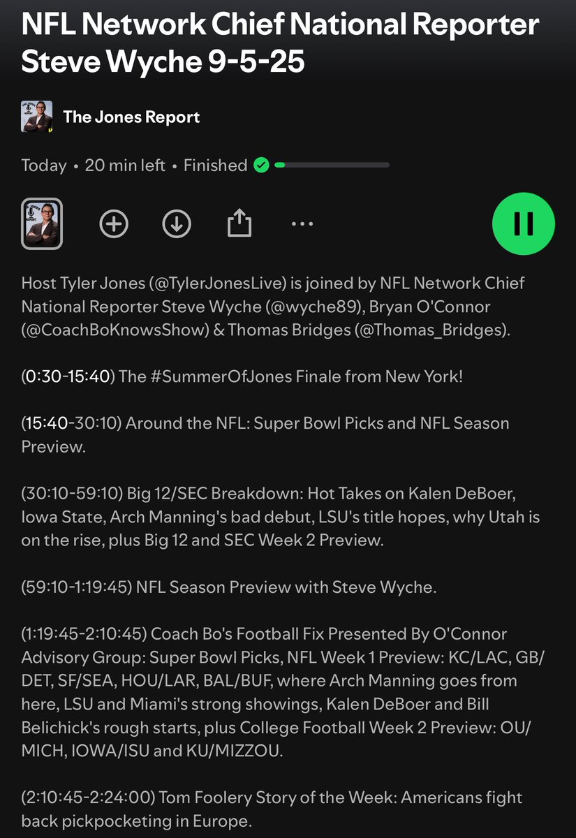 Barrymanilow121's tweet photo. NEW Jones Report w/ @wyche89!

- NFL Season Preview
- Can Anyone Stop The Chiefs &amp; Eagles?
- NFL Week 1 Breakdown
- OU/Michigan: John Mateer’s Big Opportunity 
- What’s Next For DeBoer &amp; Belichick?

Apple: https://t.co/krvGdtHs0m
Spotify: https://t.co/BQq1xzkvLG https://t.co/h02INmjuUY