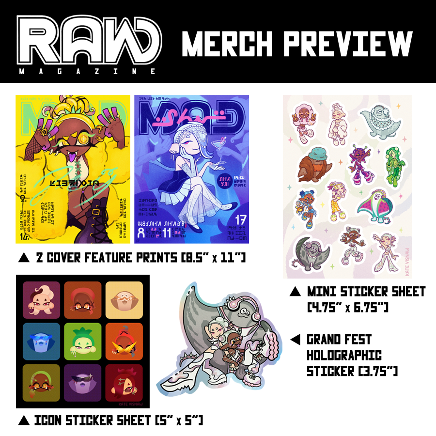 kate_visnaw's tweet photo. a look at the merch available for the splatfest issue of raw magazine. we're getting close to the launch date next week! 👀 📸

🌟 shop opens on september 9! 🌟

[ #splatoon3 #splatfest #splatoonzine #illustration ] https://t.co/axIaY2rswU