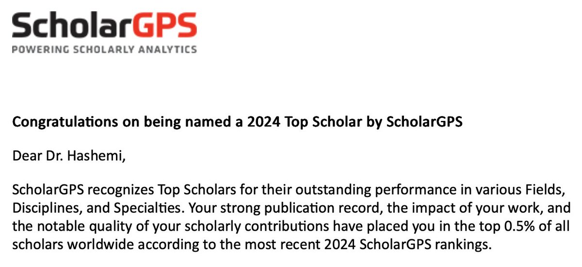Excited to share that <a href="/ScholarGPS/">ScholarGPS</a> has recognized me in the top 0.5% of scholars worldwide 🌍✨Thanks to our students and collaborators who made this possible!