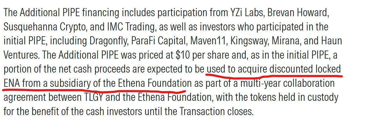 Screenshot of Ethena's additional PIPE financing details, highlighting acquisition of discounted locked ENA tokens