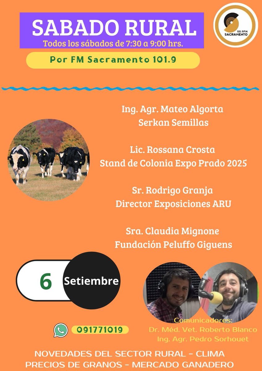 Mañana sábado otro programa más de #SabadoRural

⏰ 7:30 a 9:00 am 
📻 101.9 Sacramento FM

 📱vía web por el link 👇🏻

Podes escucharnos en Sacramento FM en el 101.9 o a través de: ro.com.uy/sacramento-fm-… o radios.com.uy/sacramento-col…