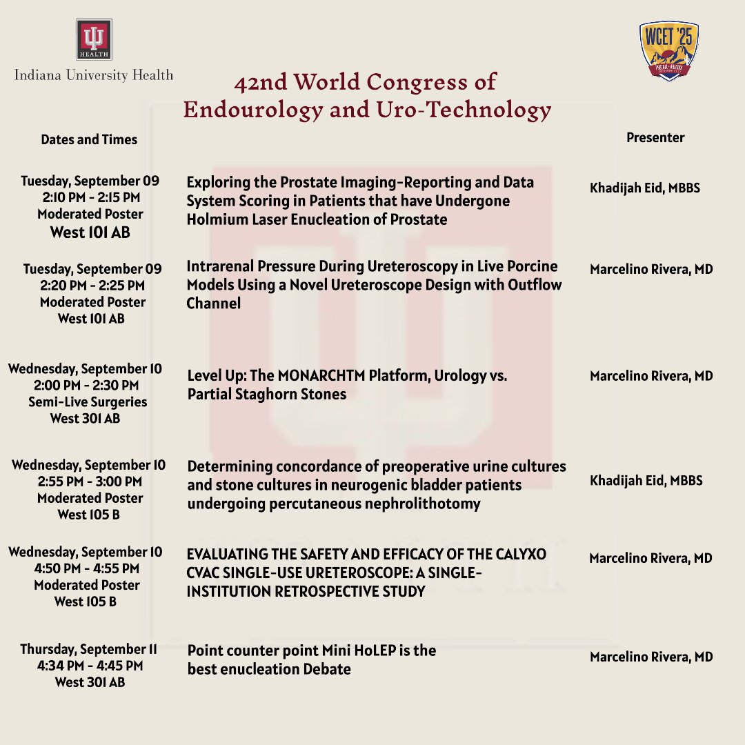 📣📣📣 WOW!!! So proud of our incredible <a href="/IUuro/">Indiana University Department of Urology</a> <a href="/IUendourology/">IU Endourology</a> team: 4 abstracts accepted and 2 debates at #WCET25! 💥👏
Join us in Phoenix! 🌵✨ Let’s goooo <a href="/EndoMarcelino/">Marcelino Rivera</a> <a href="/MaxwellShelton/">Max Shelton</a> <a href="/NickSiron/">Nicolas Siron</a> <a href="/b_schmeusser/">Benjamin Schmeusser</a> <a href="/EidKhadijah/">Khadijah Eid</a> <a href="/Endo_Society/">Endourological Society</a> <a href="/AmerUrological/">Amer. Urol. Assn.</a>  🙌🔥
