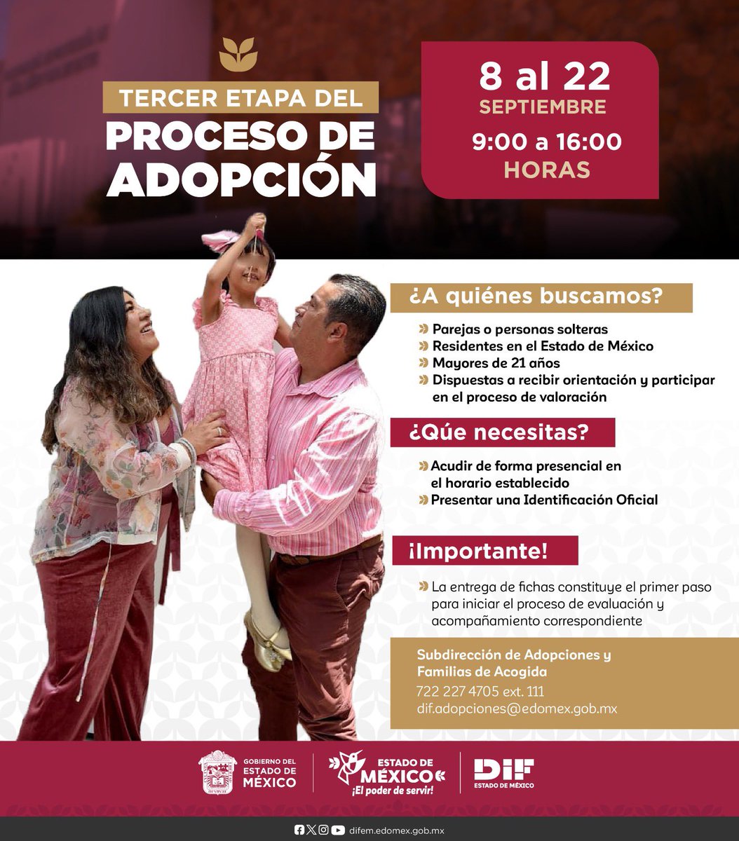 El <a href="/Edomex/">Gobierno del Estado de México</a> inicia nueva etapa de adopciones

⚪ Del 8 al 22 de septiembre se emitirán fichas en la Subdirección de Adopciones y Familias de Acogida del <a href="/DIFEM_/">DIF Estado de México</a>, en un horario de 9:00 a 16:00 horas.

Más detalles: goo.su/4RUY8
