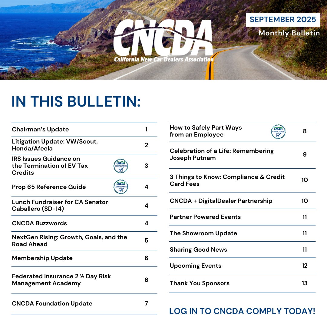 California New Car Dealers Association (@cncda) on Twitter photo DEALERS: 🔧 The September Bulletin just hit the lot! Tune up your month with fresh compliance and legislative updates, and upcoming events!
cncda.org/publications/c…
#CNCDA #monthlynewsletter #automotive DEALERS: 🔧 The September Bulletin just hit the lot! Tune up your month with fresh compliance and legislative updates, and upcoming events!
cncda.org/publications/c…
#CNCDA #monthlynewsletter #automotive