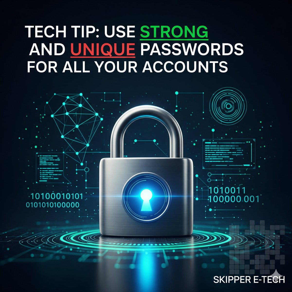 Skipper_E_Tech's tweet image. Using strong, unique passwords protects your online information. A strong password is complex and hard to guess, while using a unique password for each account prevents a single data breach from compromising all your accounts.