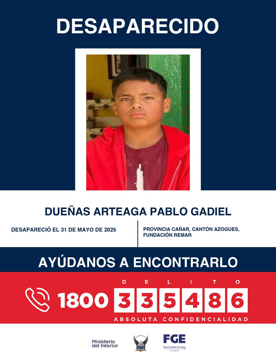 #DesaparecidosEcuador | #Cañar: si tienes información sobre la ubicación de Pablo Gadiel Dueñas Arteaga, comunícate de inmediato con las autoridades. Fue visto por última vez el 31 de mayo de 2025 en el sector del mercado San Francisco, en #Azogues.