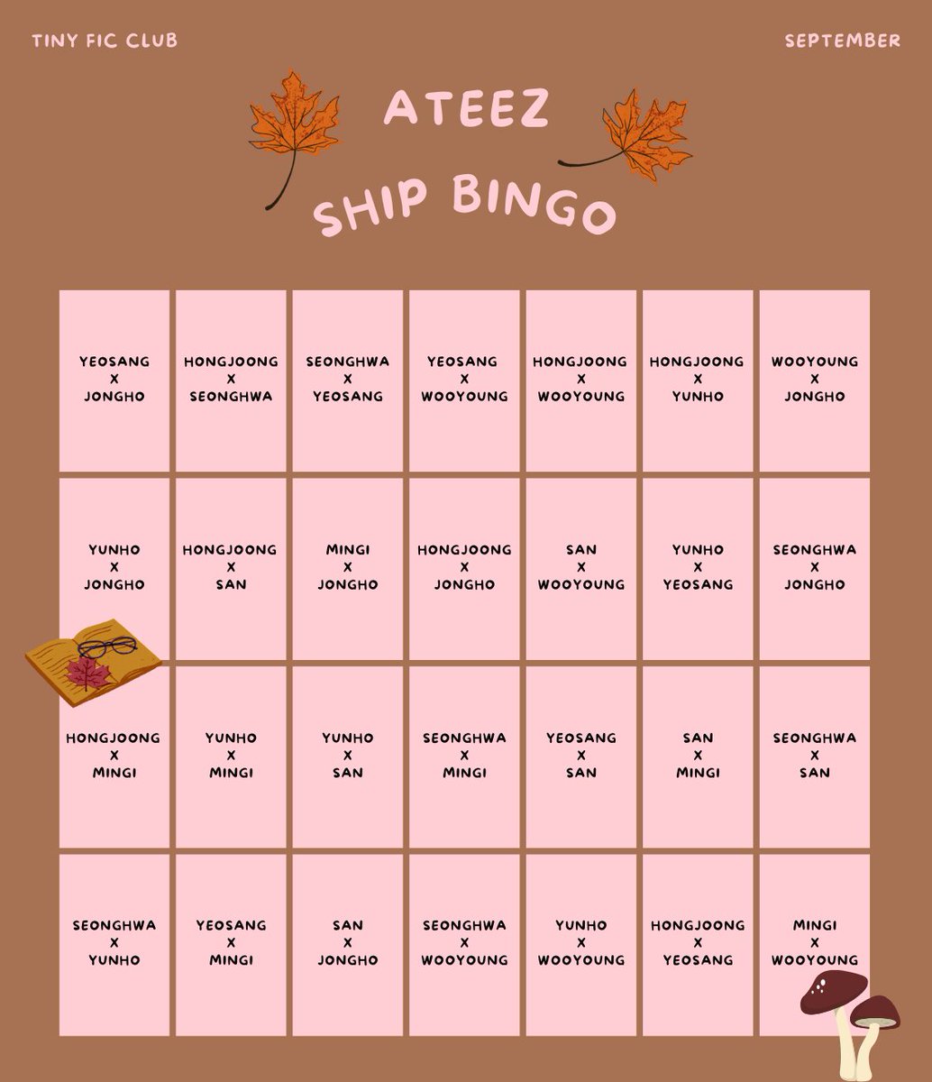 ✨ September Bingo ✨

Hi everyone! Here are our first bingo cards. You can fill squares as you read and leave comments on fics.

If you are going to participate, please send me a dm so I can count on your card at the end of the month! ☺️

Happy reading! 🍂