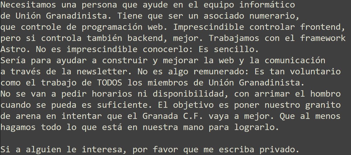 Miguel Páramos (@mparamos) on Twitter photo Una de las cosas que estamos haciendo en <a href="/UnionGranada/">Unión Granadinista</a> ahora mismo es definir equipos y metodologías de trabajo para funcionar de forma más eficaz.
Y necesito gente para el equipo informático, al menos una mano más para el equipo. Por favor,difusión a ver si algún asociado puede. Una de las cosas que estamos haciendo en <a href="/UnionGranada/">Unión Granadinista</a> ahora mismo es definir equipos y metodologías de trabajo para funcionar de forma más eficaz.
Y necesito gente para el equipo informático, al menos una mano más para el equipo. Por favor,difusión a ver si algún asociado puede.