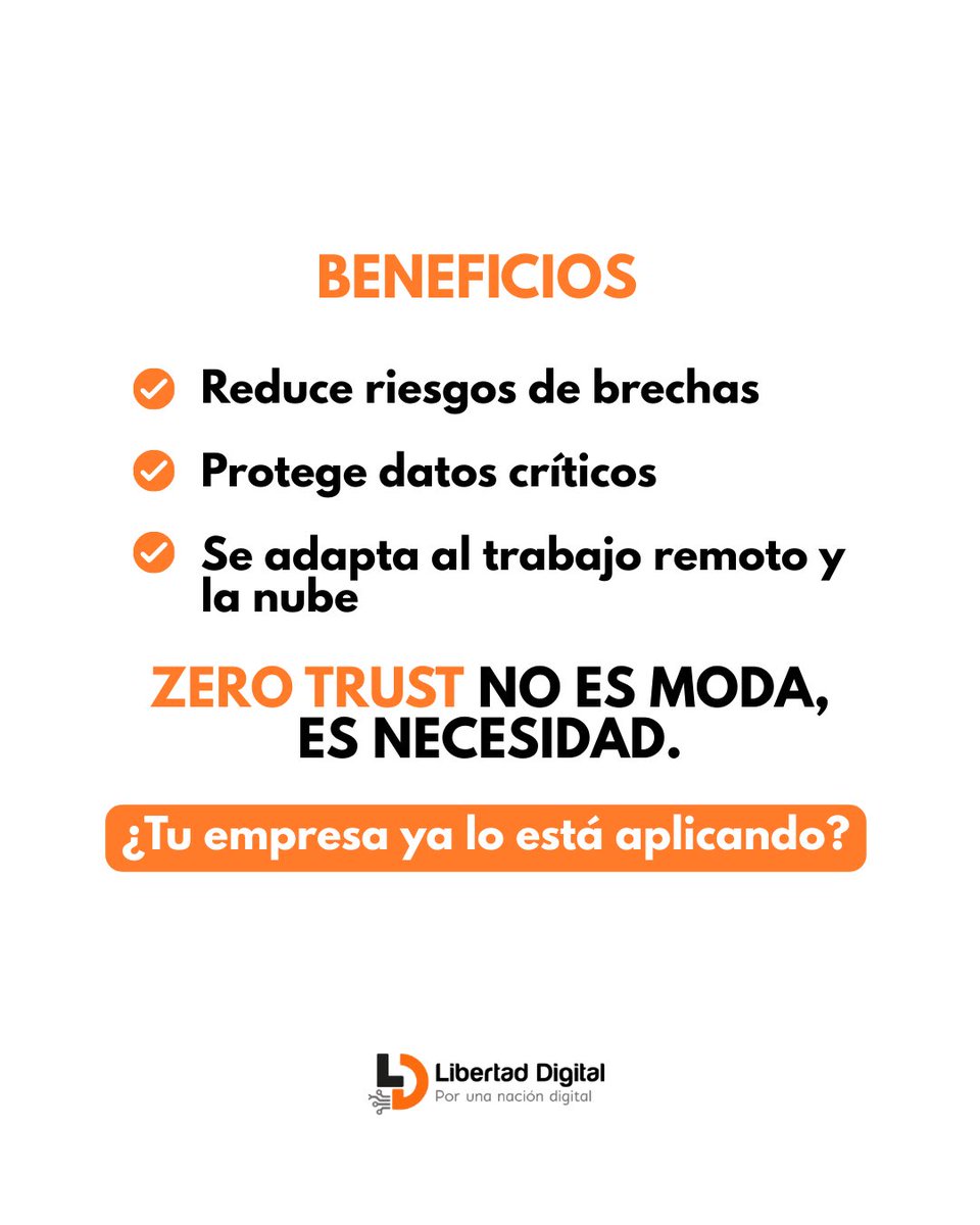 🔐 Zero Trust es el nuevo estándar en ciberseguridad.

 En un entorno sin fronteras claras (cloud, trabajo remoto, apps móviles), confiar en quien “entra a la red” ya no es suficiente.

👉 La clave es simple: “Nunca confíes, siempre verifica.”

#ZeroTrust #Ciberseguridad