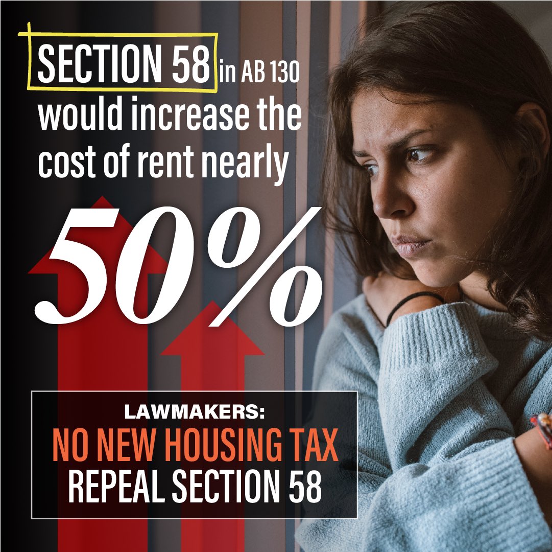 Section 58 in AB 130 is expected to push rents up by almost 50% and make owning a home unattainable for hundreds of thousands of Californians.

No New Housing Tax: Repeal Section 58.

Learn more at: careabouthousing.org