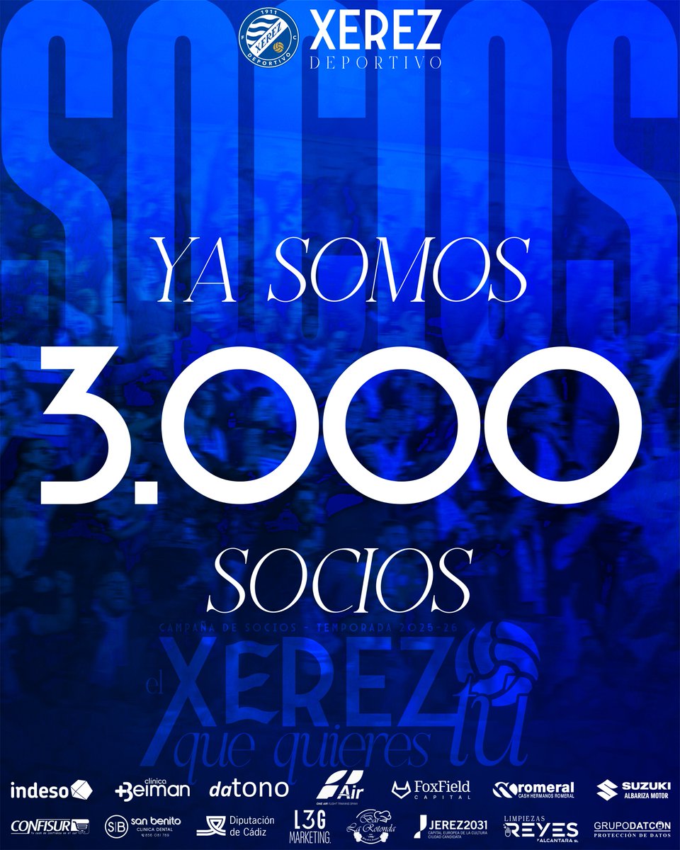 🙌💙 Antes de comenzar una nueva temporada de liga superamos la barrera de los ➕3⃣.0⃣0⃣0⃣ socios

🫂 ¡Orgullosos de vuestro amor incondicional, xerecistas, os queremos sentir muy cerca este año otra vez!

#ElXerezQueQuieresTú