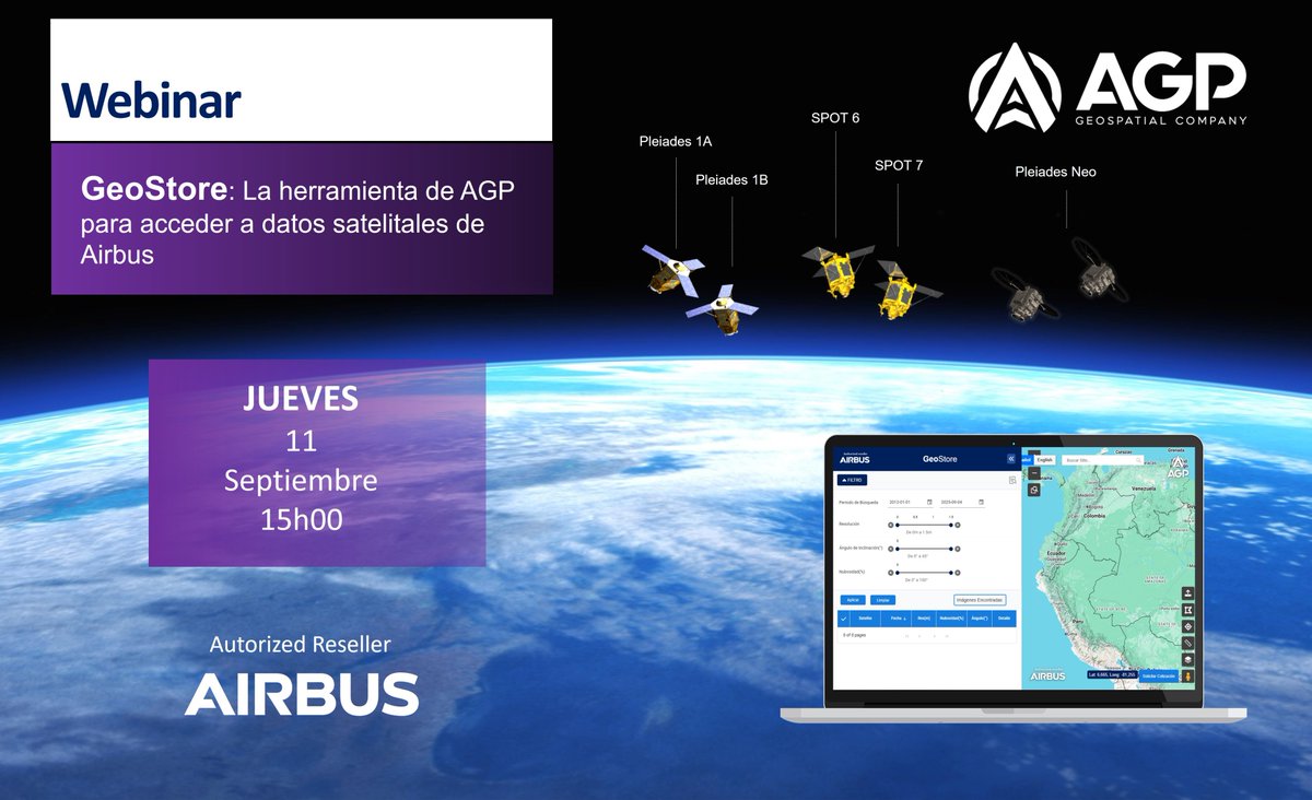 🚀 ¡No te pierdas nuestro webinario!
 📅Jueves 11 de Septiembre 15h00
 🌍 GeoStore: La herramienta de AGP para acceder a datos satelitales de Airbus
 👉Regístrate gratis aquí: webmap.agpgeo.com/webinar_geosto…
#airbusintelligent #agp #geostore