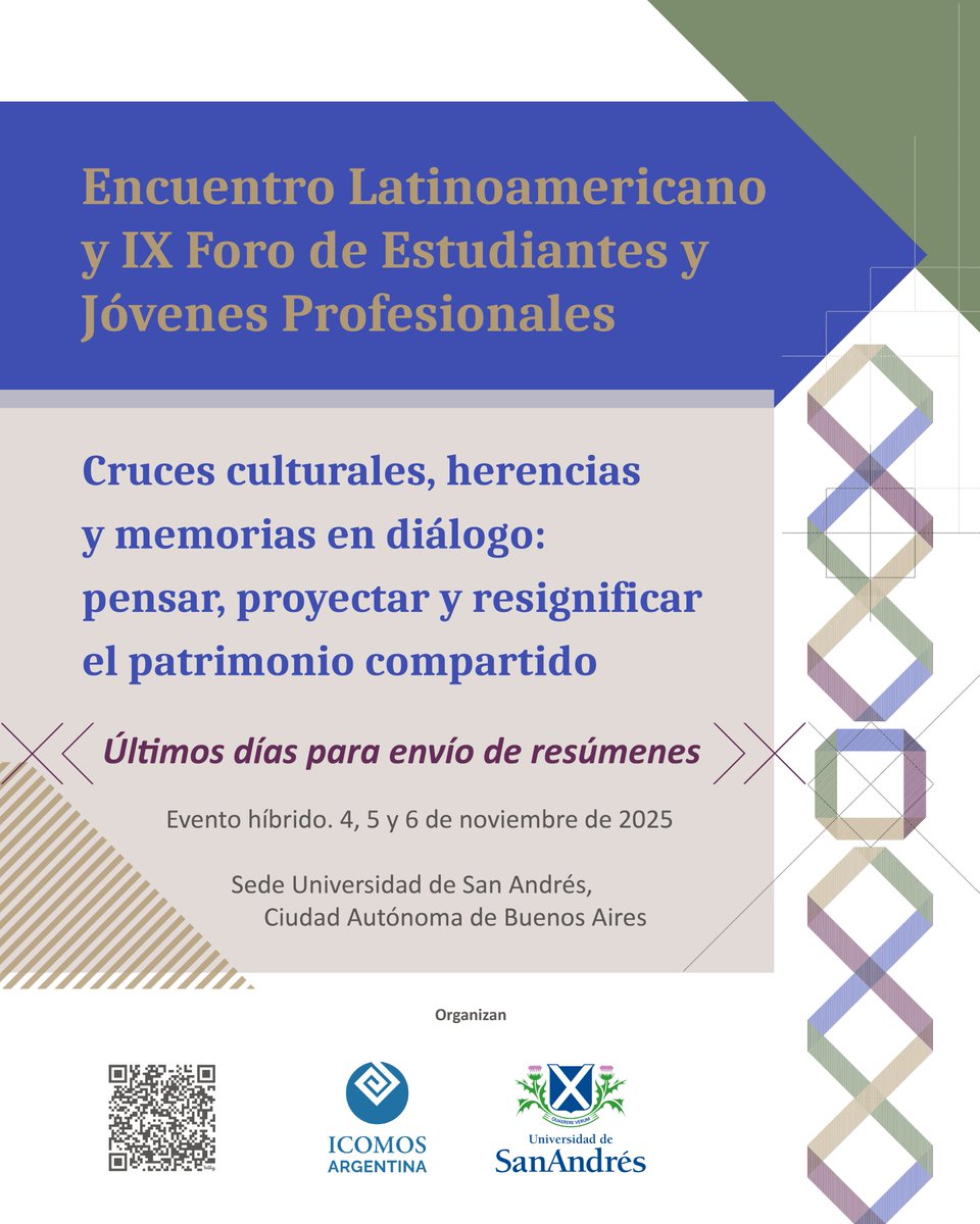 icomosargentina's tweet photo. Encuentro Latinoamericano y Foro de Estudiantes y Jóvenes Profesionales "Cruces culturales,  herencias y memorias en diálogo: pensar, proyectar y resignificar el patrimonio compartido"

Envío de resúmenes: hasta 15 de septiembre

https://t.co/Q48pIZyoWf

#ICOMOSArgentina #UdeSA https://t.co/1rnYBwiu3K