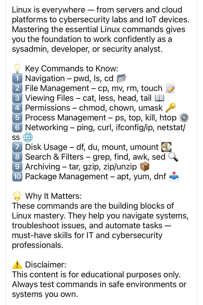 AnonOzzyDude's tweet image. 🐧 Essential Linux Commands – Build Your Foundation ⚡

Linux is everywhere —&amp;gt;
#Linux #LinuxCommands #SysAdmin #CyberSecurity #InfoSec #DevOps #CommandLine #TechEducation #ITSkills #EthicalTech