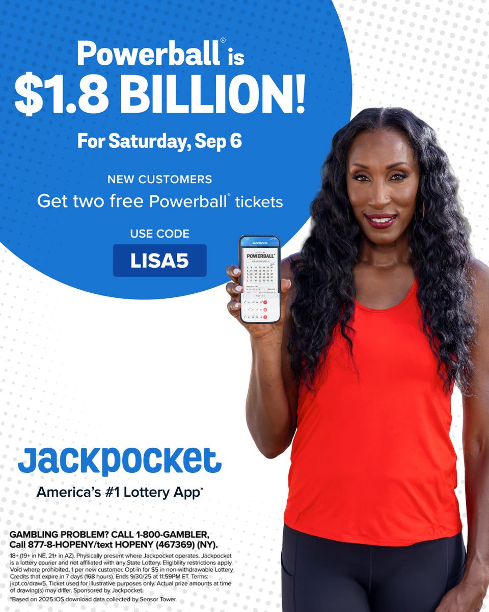 Powerball is sitting at $1.8 BILLION 💥. New <a href="/Jackpocket/">Jackpocket</a> customers get 2 FREE tickets. Sign up with code LISA5. Let’s shoot our shot! #JackpocketPartner jkpt.co/LISA5