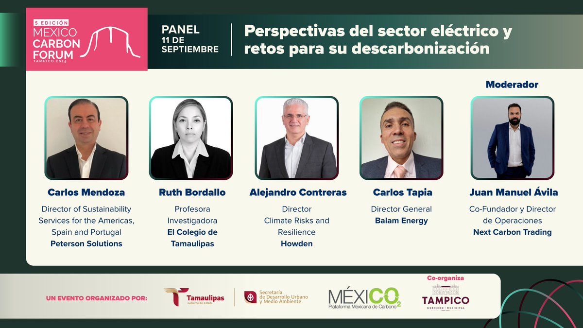 Panel Perspectivas del sector eléctrico y retos para su descarbonización | #MexicoCarbonForum2025

La transformación del sector eléctrico es un componente central en la ruta. 

📍10 y 11 de septiembre de 2025 | Expo Tampico, Tamaulipas
🎟 Evento gratuito: mexicocarbon.com/registro-2025