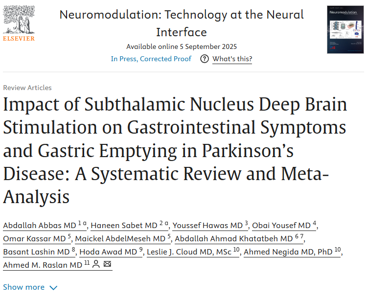 Abdallah Abbas (@abdallah_abbas3) on Twitter photo A new article 🎉
STN-DBS in PD improves GI symptoms and accelerates gastric emptying, with benefits lasting up to 12 months.
Kudos to the whole team.
Thanks to my mentor, Prof. Raslan, <a href="/raslanneuro/">Ahmed Raslan</a>
doi.org/10.1016/j.neur…
#Neurostimulation #Neuromodulation #ParkinsonsDisease A new article 🎉
STN-DBS in PD improves GI symptoms and accelerates gastric emptying, with benefits lasting up to 12 months.
Kudos to the whole team.
Thanks to my mentor, Prof. Raslan, <a href="/raslanneuro/">Ahmed Raslan</a>
doi.org/10.1016/j.neur…
#Neurostimulation #Neuromodulation #ParkinsonsDisease