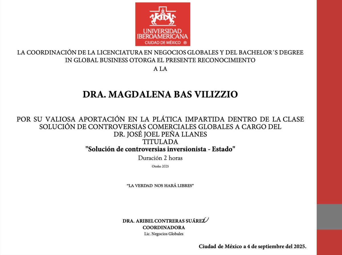 💮 El día de ayer tuvimos una invitada de lujo en la clase "Solución de Controversias Comerciales Globales" que imparto en la licenciatura en #NegociosGlobales de la <a href="/IBERO_mx/">IBERO CDMX</a>. La Dra. <a href="/magdabasv/">Magdalena Bas</a>, de la <a href="/Udelaruy/">Universidad de la República</a>, nos habló sobre la solución de controversias inversor-Estado.